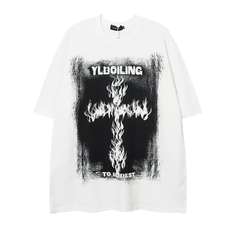 

American retro flame cross printed short-sleeved T-shirts for men and women high street fashion loose round neck couple ins tops