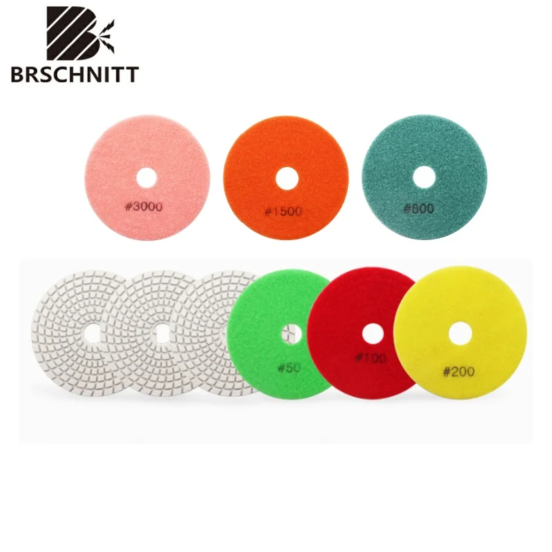 

BRSCHNITT 6PCs 100mm Diamond Flexible Wet Polishing Pads Set For Stone hydraulic Tile White Bond Sanding disc Grit50-buff Grind