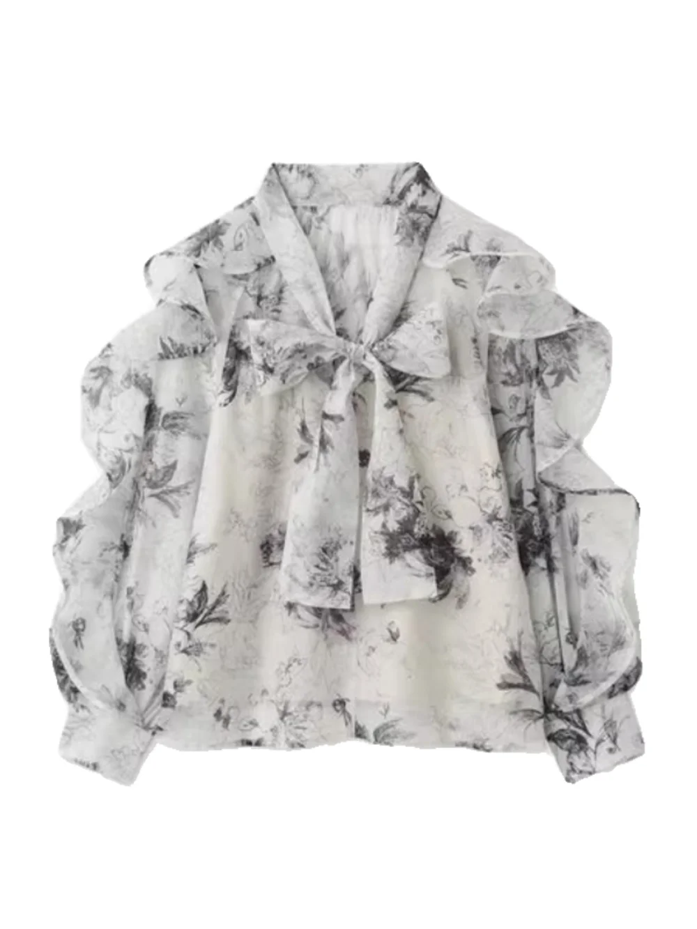 Spring Summer 2024 Sweet Style Women's Shirt  Knot Lace Trim Blouse Breathable Polyester Fiber Long Sleeve round Neck