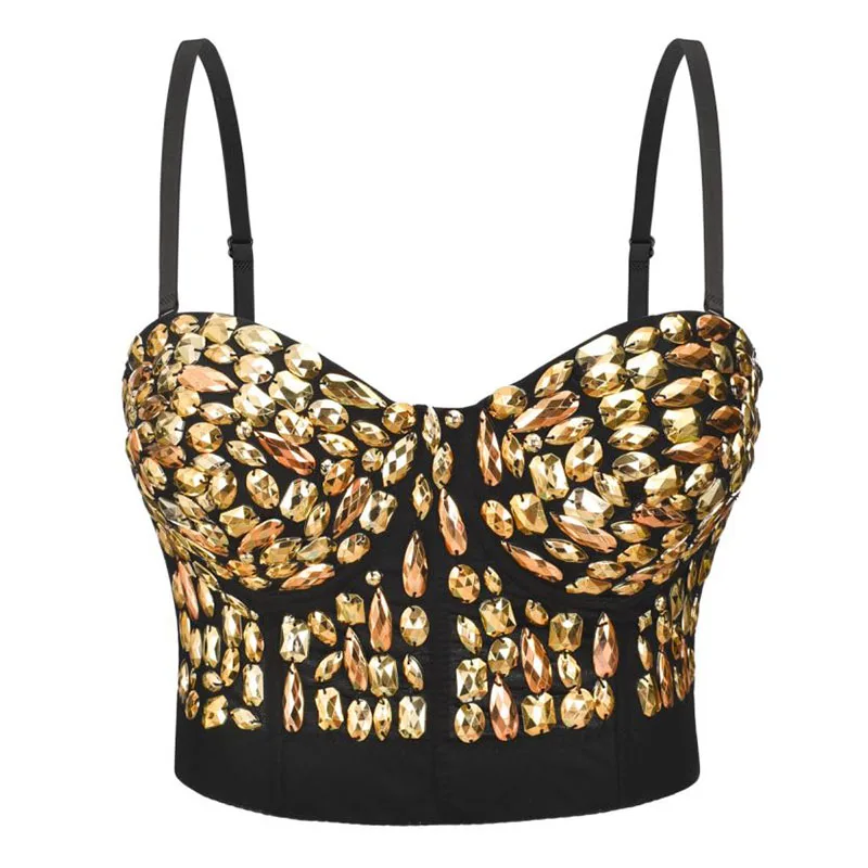 

Gold Gem Beads Suspender Fashion Bra Luxury Wire-free Bra Tops Women Gather Sexy Bra Underwear Stage Party Performance Clothes