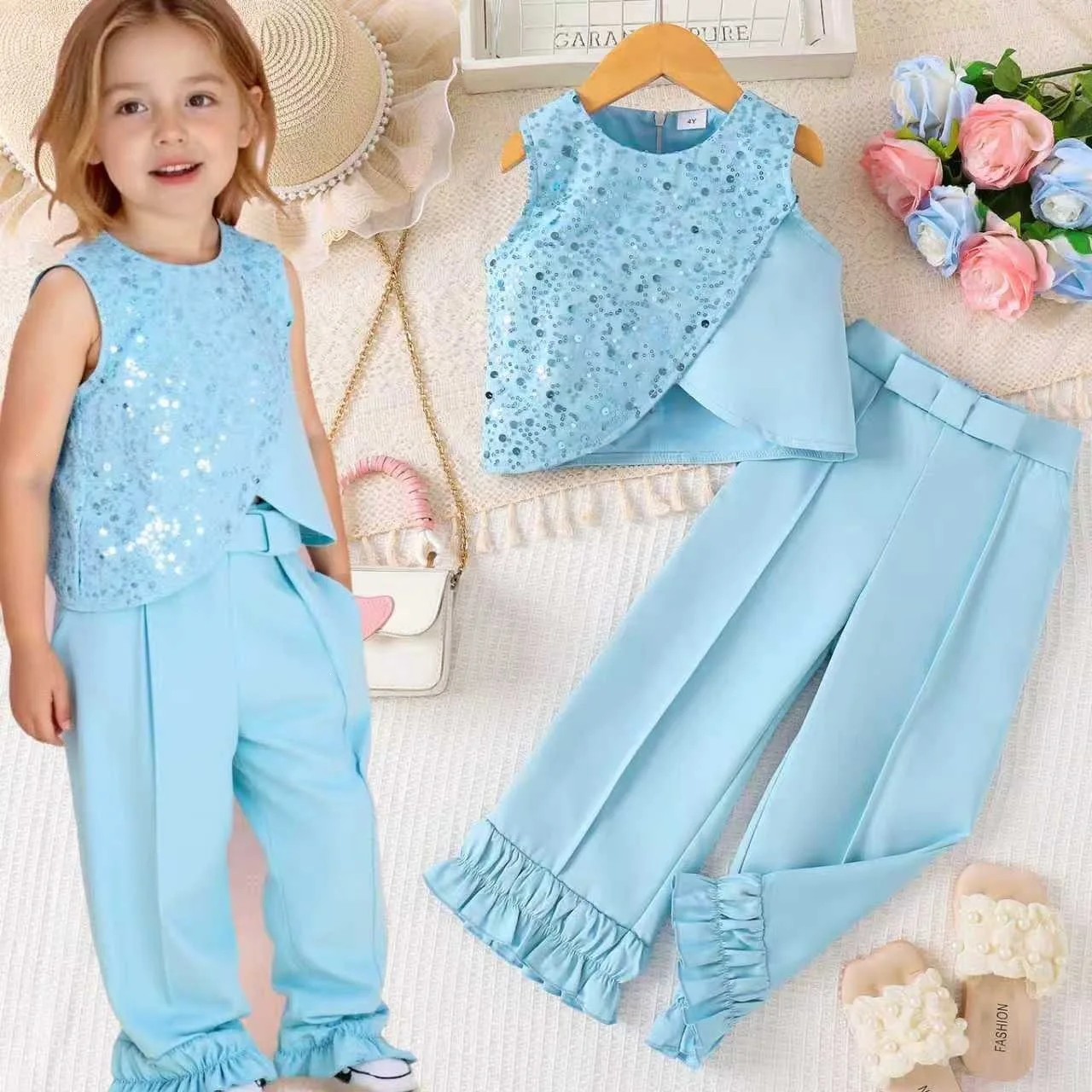 

2026 Summer Girls Sequin Outfit Sleeveless Top & Flared Pants 2 Piece Set Performance Costume for 18M-6Y