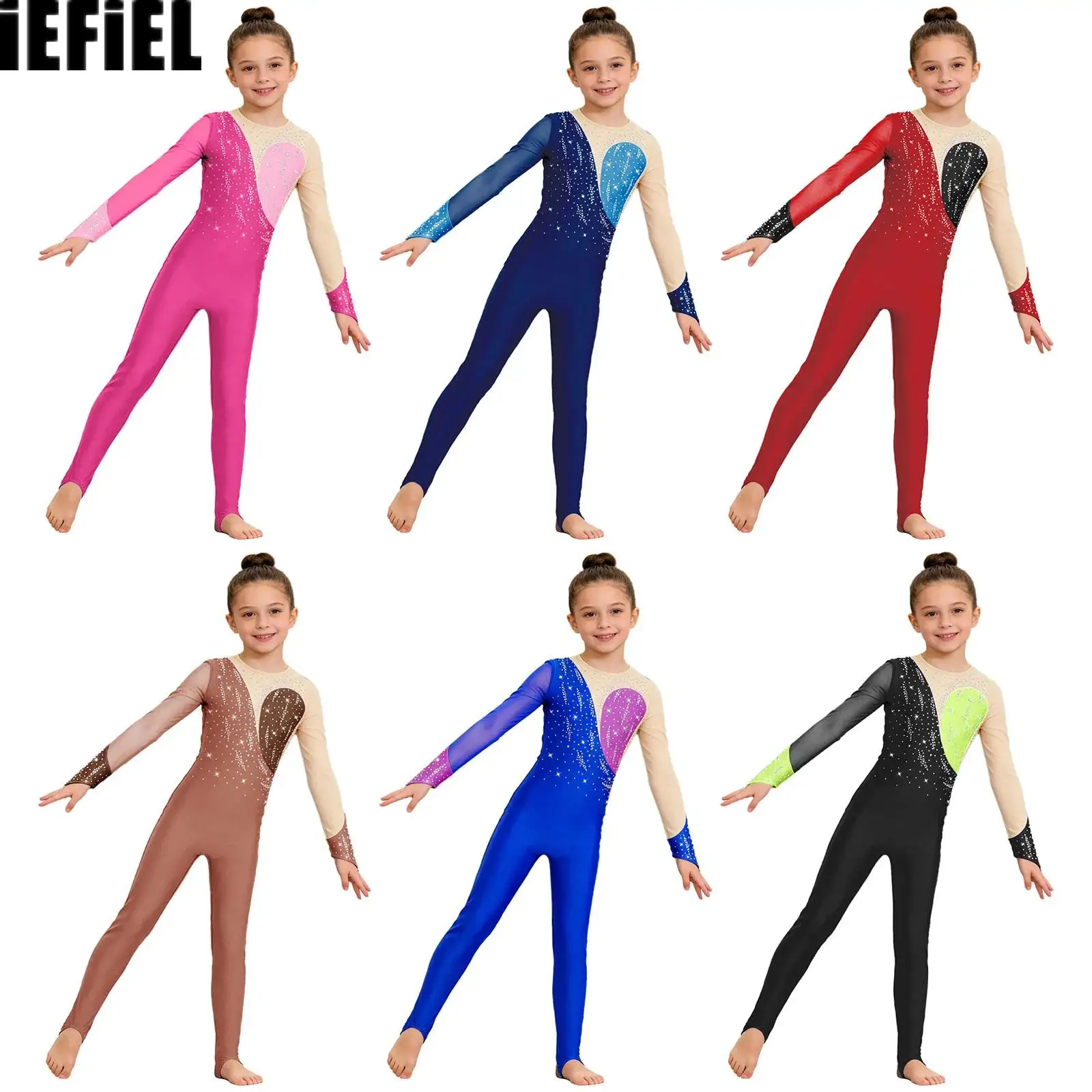 

Детский балетный комбинезон для девочек с длинными рукавами, отверстиями для пальцев, вырезом на спине, пэчворком и блестящими стразами, гимнастический боди