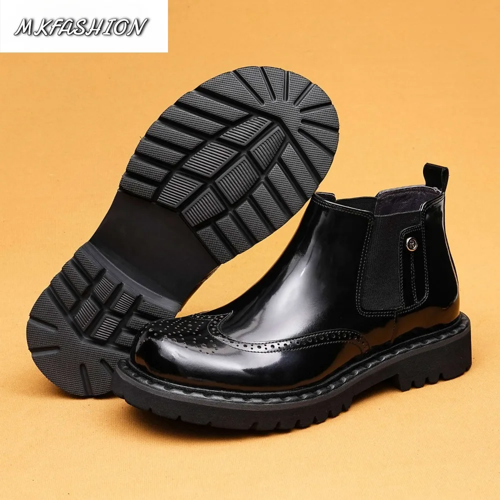 Men's Glossy Genuine Leather Business Casual Boots Thick Soled Round Toe Slip On Ankle Boot Booties Shoes