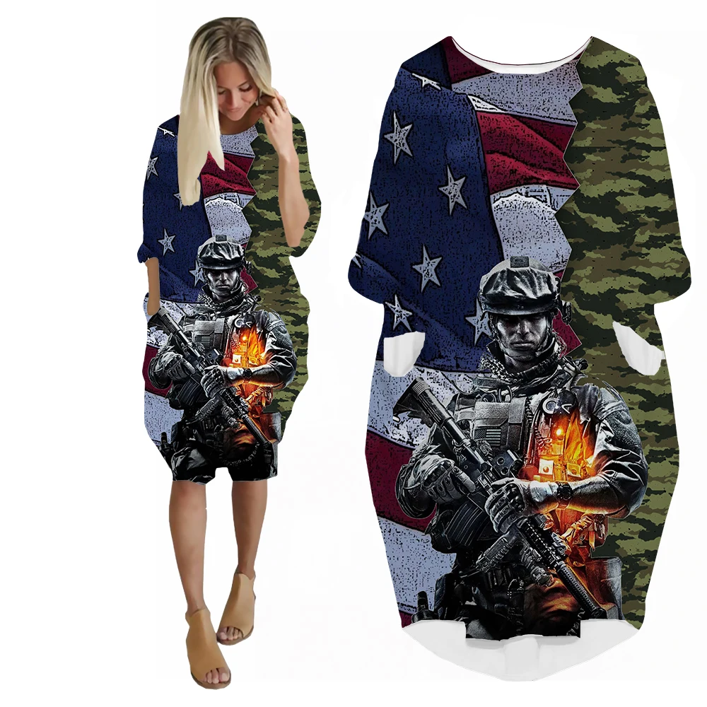 SONSPEE 3D Printed American Soldier Dress Long Sleeve Militants Army Troops Street Skirt Female Casual Robe Camouflage Clothing