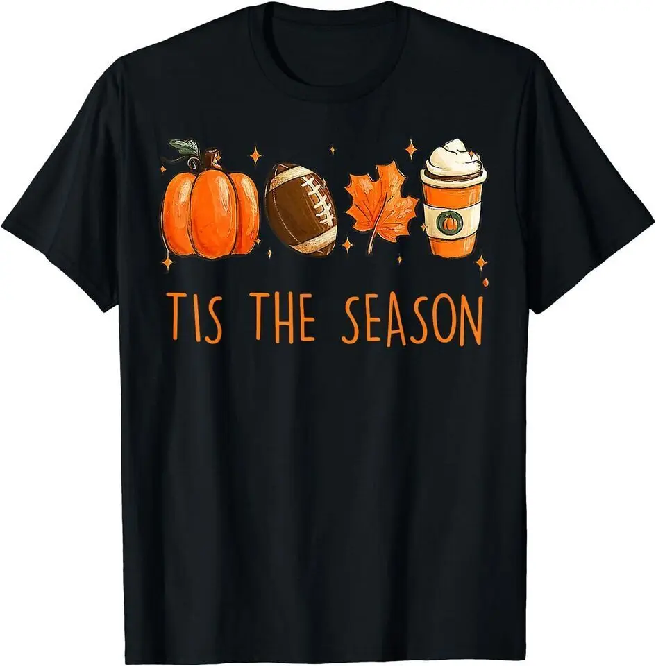 

New Tis The Season Fall Autumn Football Pumpkin Coffee Funny T-Shirt USA Tee