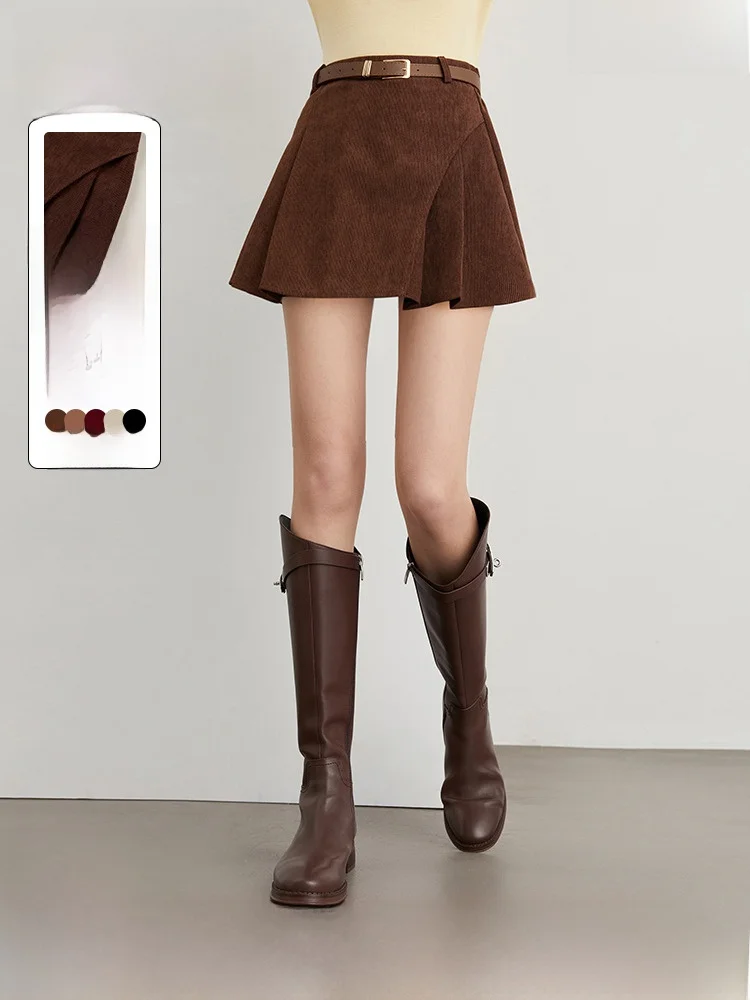 Caramel Brown Corduroy A-Line  Skirt Women's Vintage High Waist Zipper Sle Commute Friendly Skirt by Dplay