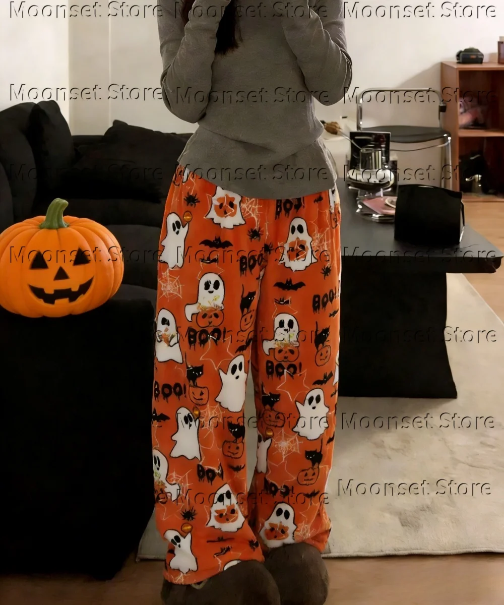 Women Halloween Flannel Pajama Pants Cute Ghost Pumpkin Print Loose Straight Leg Sleep Trousers Soft Warm Casual Home Loungewear