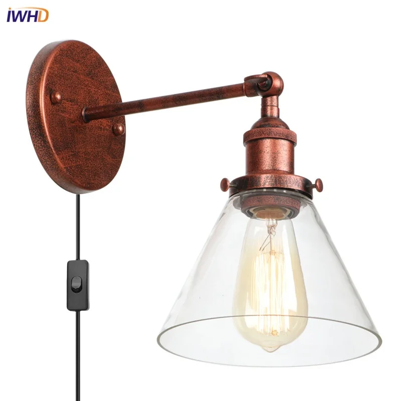 

IWHD Clear Glass Iron LED Wall Lamps Stair Light Fixtures Coffee Hotel Balcony Rustic Industrial Vintage Plug In Bedside Lamp