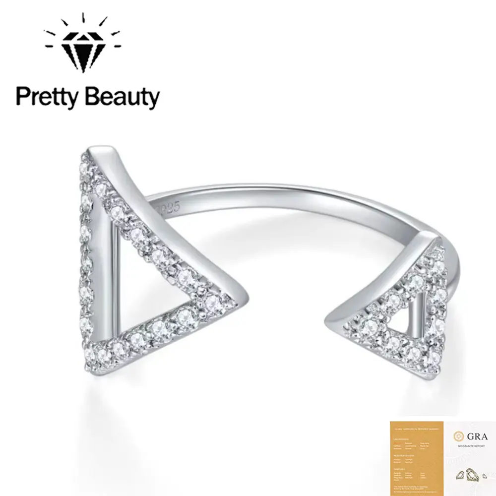 

Pretty Beauty S925 Sterling Silver Moissanite Double Triangle Open Ring Geometric Minimalist Pave Diamond Ring for Women Jewelry