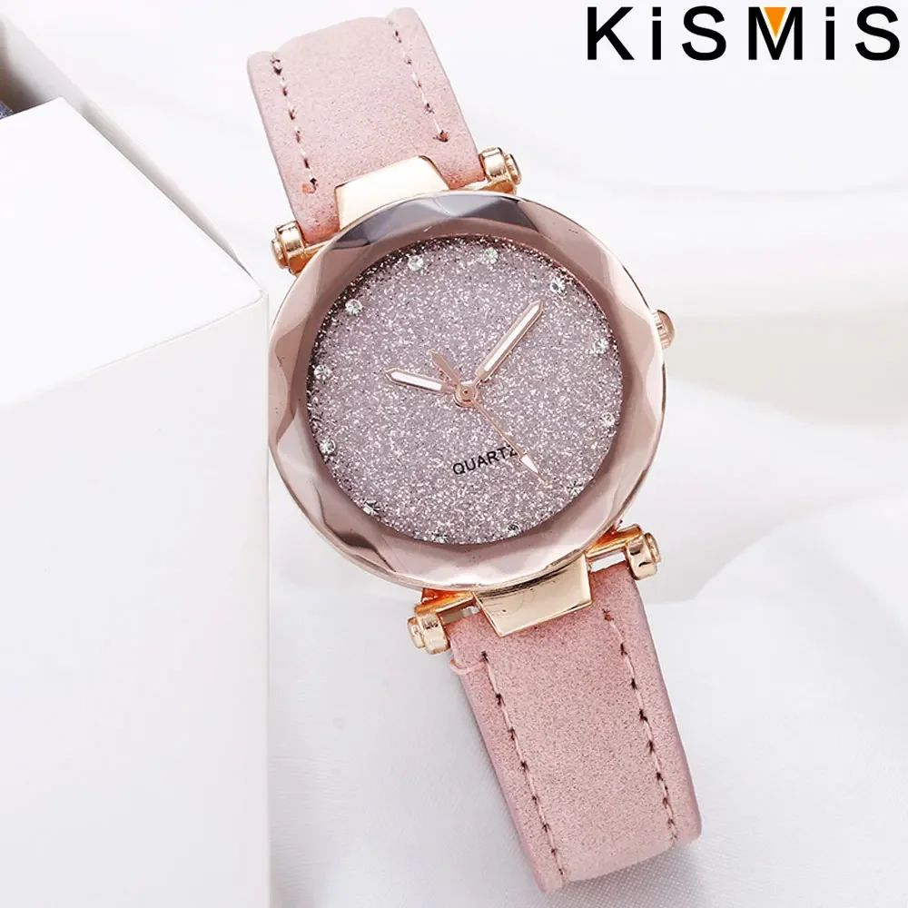 Womens Fashion Leather Strap Watch Golden Border Diamond Starry Analog Quartz Watch Multicolor Options