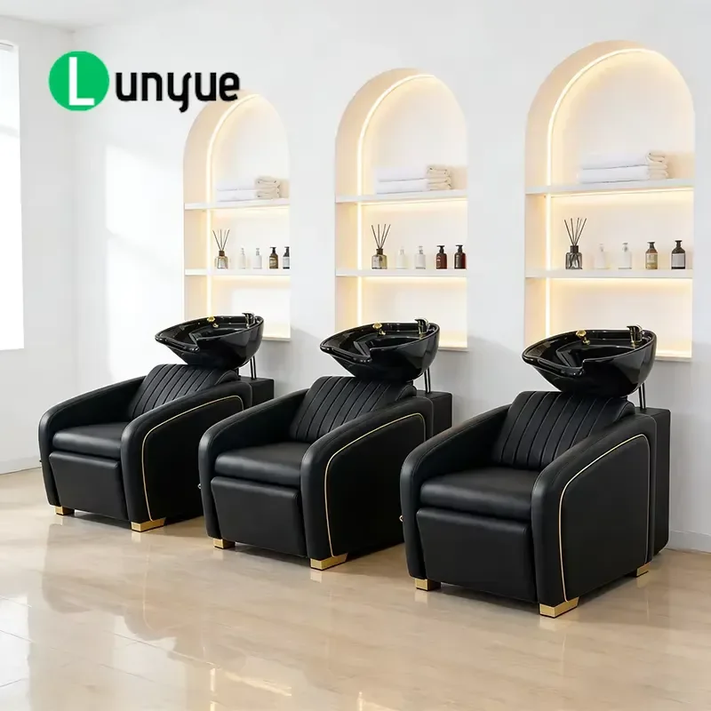 Luxury Recumbent Shampoo Chair with Black Ceramic Basin for Barber Shop Hair Therapy Furniture Comfortable Durable