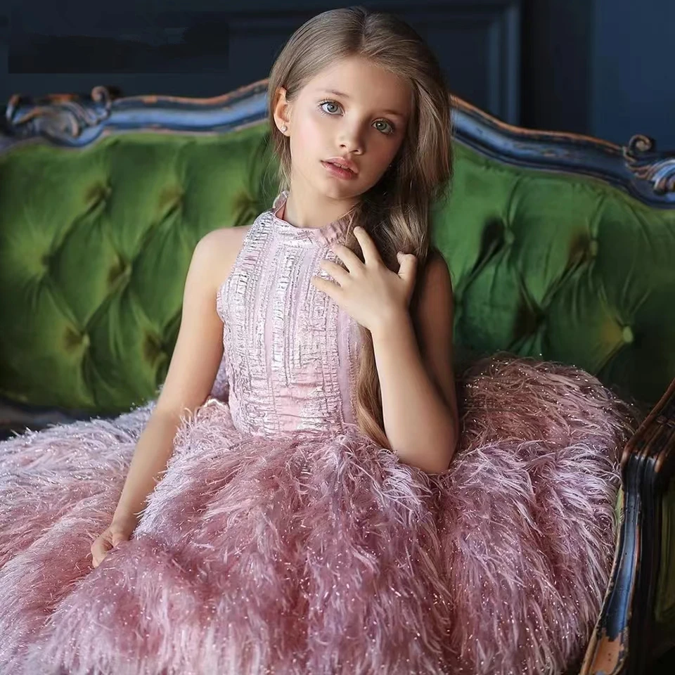 Vestidos de Fiesta de plumas abullonadas para niña, de princesa elegante vestido sin mangas, brillante, lujoso, cumpleaños, boda