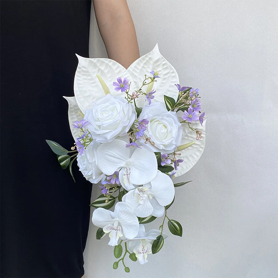 Water drop waterfall bouquet simulation flower calla lily Phalaenopsis, photo studio wedding photo bouquet home decoration