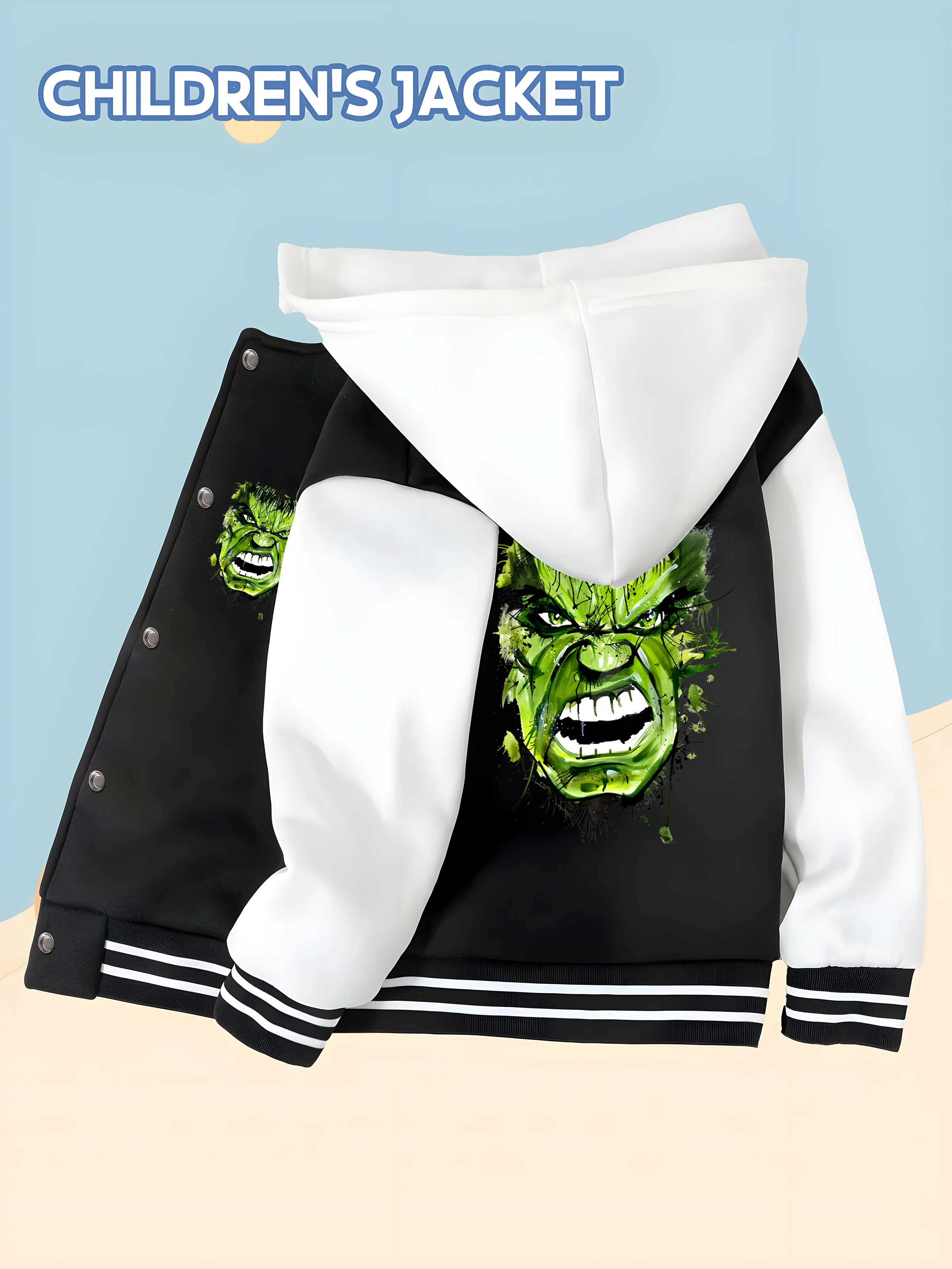

MINISO Marvel Boys Baseball Jacket - Hulk cute print, double-sided pattern, comfortable fabric, black and white, trendy for fall