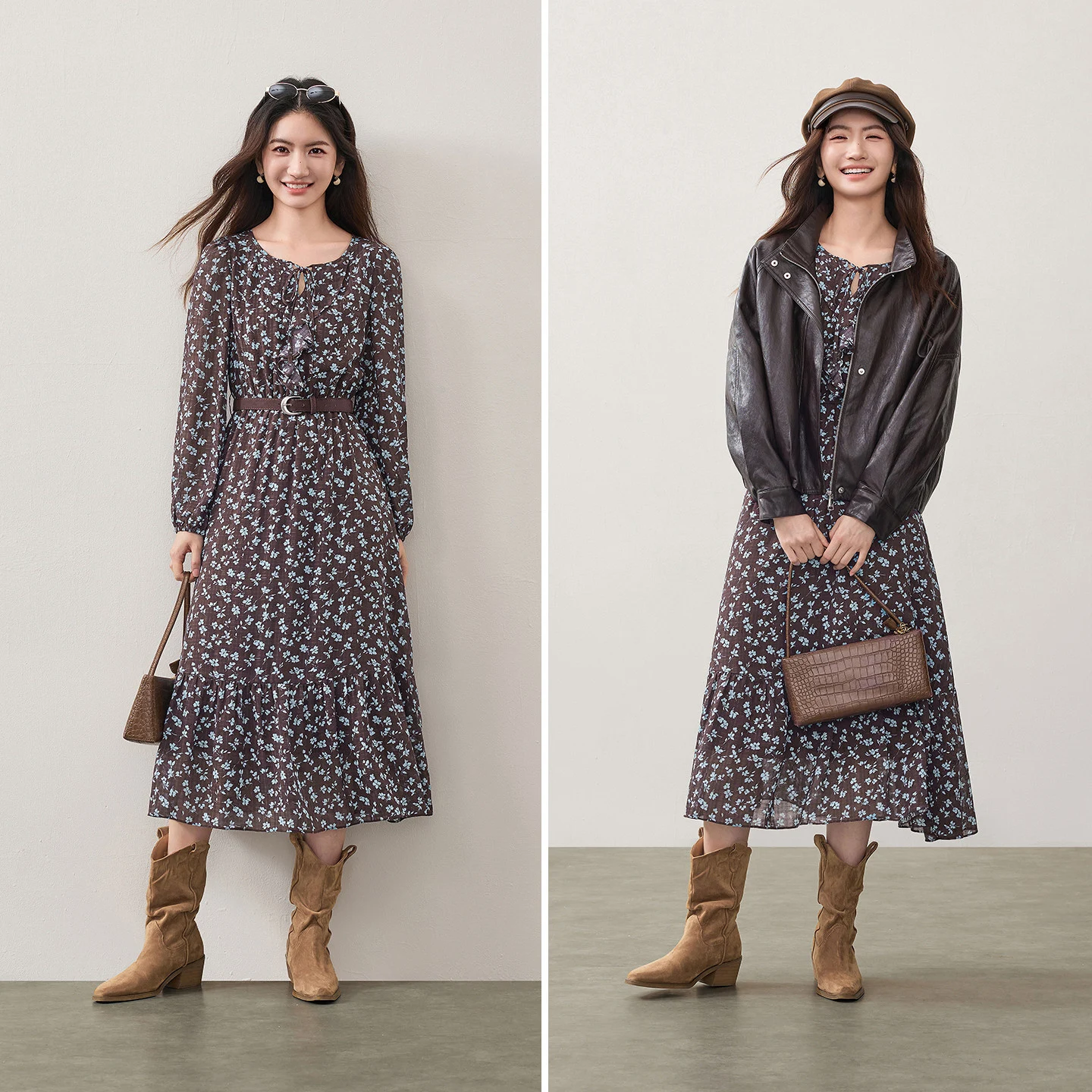 SENTUBILA Women French Floral Dress 2026 Ladies Autumn Fall Elegant Tie Neck Lantern Sleeve Ruffle Hem A Line Dresses 163LF7824