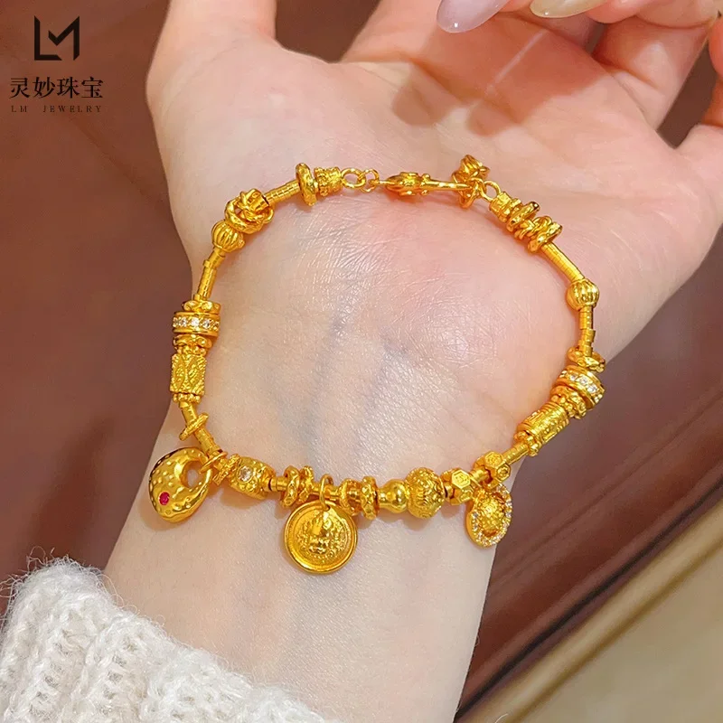 NovaGlod New Chinese ancient style 24K real gold shiny hammer pattern Fat Fortune  God 9999 bracelet Ruyi gourd small planet bra