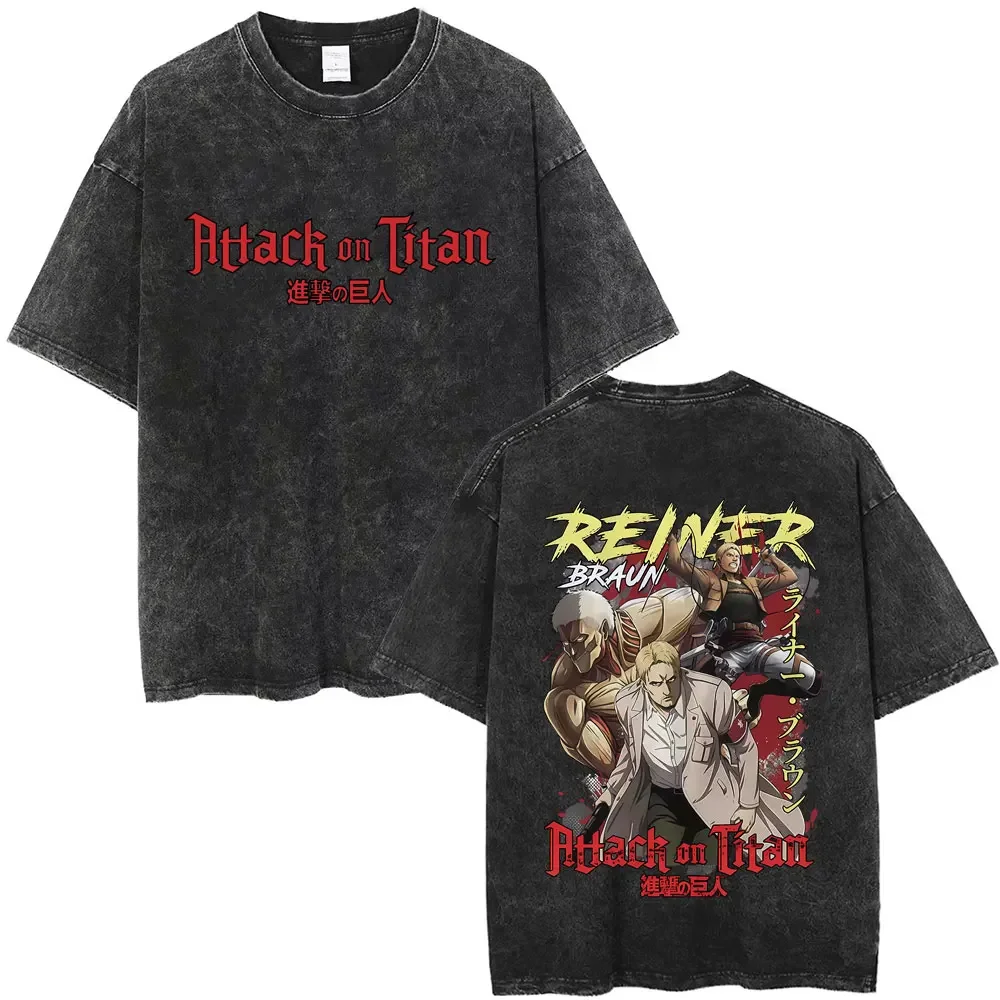 Washed Vintage Anime Attack on Titan Reiner Braun Graphic T-shirts Men Women Cartoon Manga Merch Tshirt Men's Oversized T Shirts