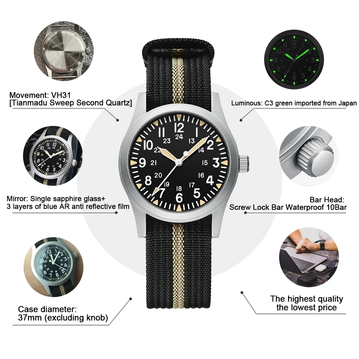 MILITREK 2026 Neue 37mm Militär Retro Gürteluhr Herren VK31 Quarzuhr Edelstahl 100m Wasserdicht C3 Nachtlicht Reloj Hombre – Detail 1