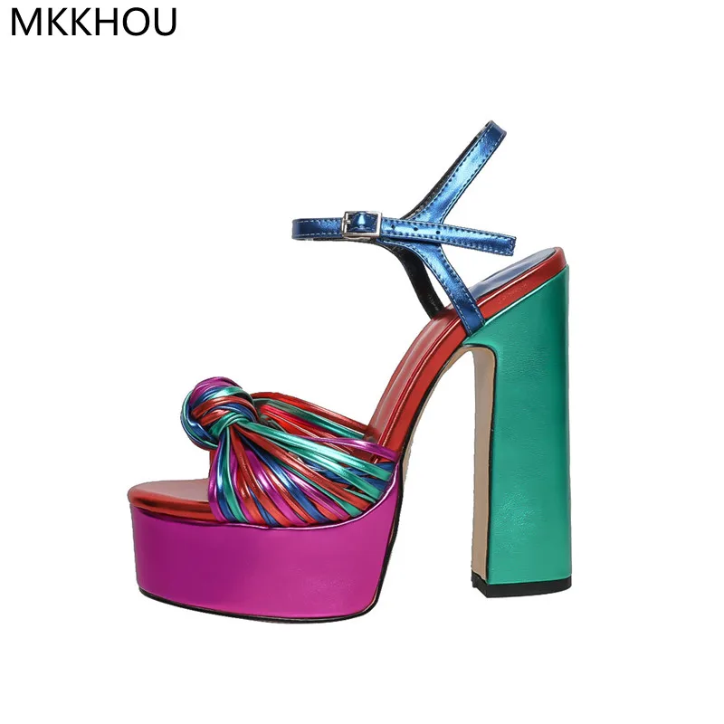 

MKKHOU Fashion Sandals Women New High Quality Colorful Thin Strap Woven Platform Shoes Thick Heel 14cm High Heels Summer Shoes