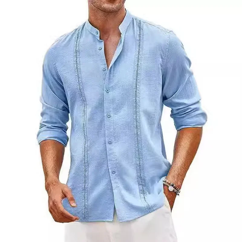 

European and American Men's Cuban Style Casual Button Summer Beach Vacation Cotton Linen Shirt Stand Collar