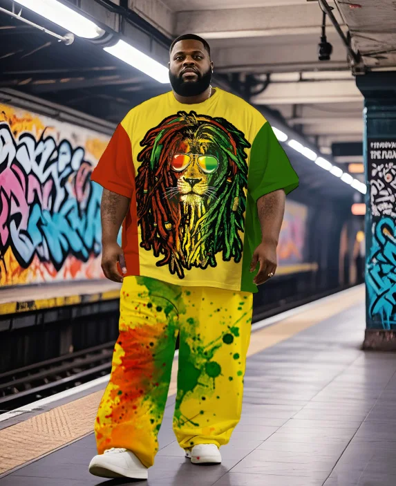 

S-9XL Men's Plus Size Hip Hop Lion Short Sleeve T-Shirt and Pants 2-Piece Set