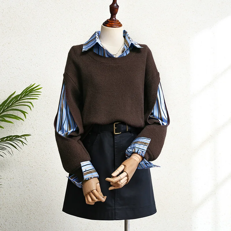 Fake Two Pieces Patchwork Pullovers for Women Color Blocking Hollow Out Turn Down Collar Knitted Sweater Versatile Knitwear Tops