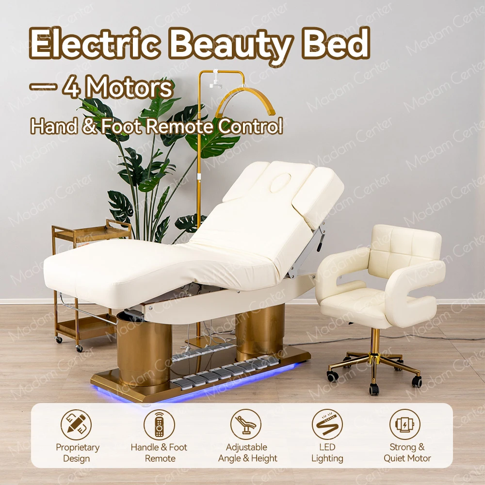 Professional Luxury Gold Spa Beauty Salon Bed 4 Motors Electric Modern Design Synthetic Leather Foldable Mute Motors