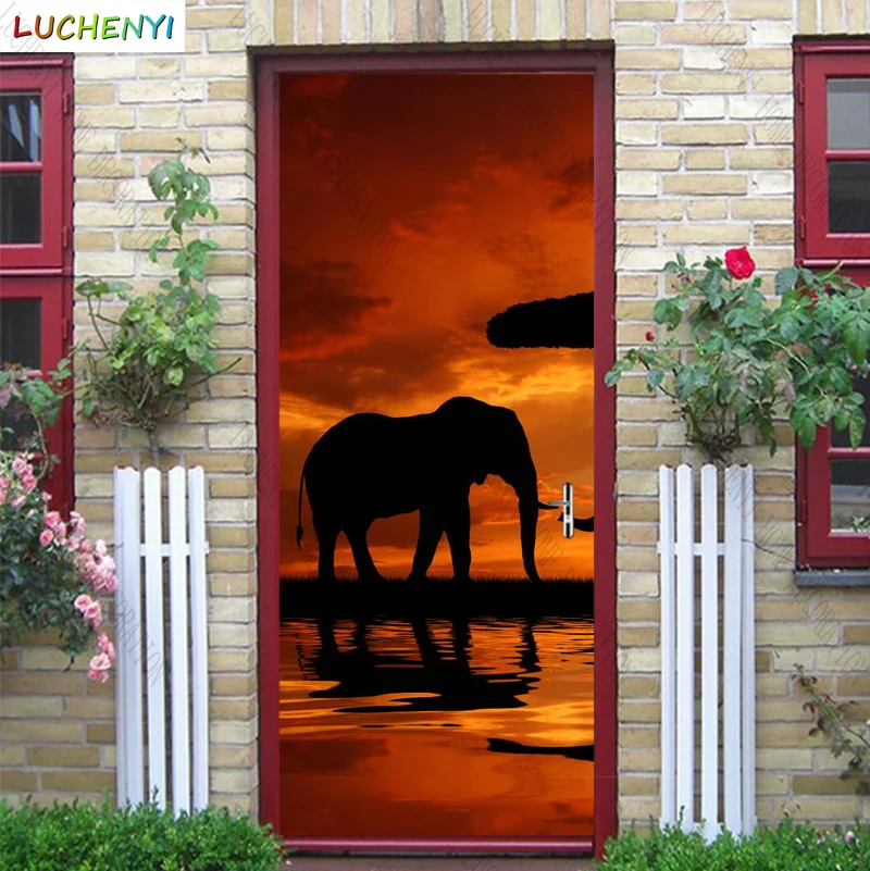 Papel de parede Big Elephant  Migration Sunset afterglow  landscape door sticker bedroom door wallpaper mural , home decoration