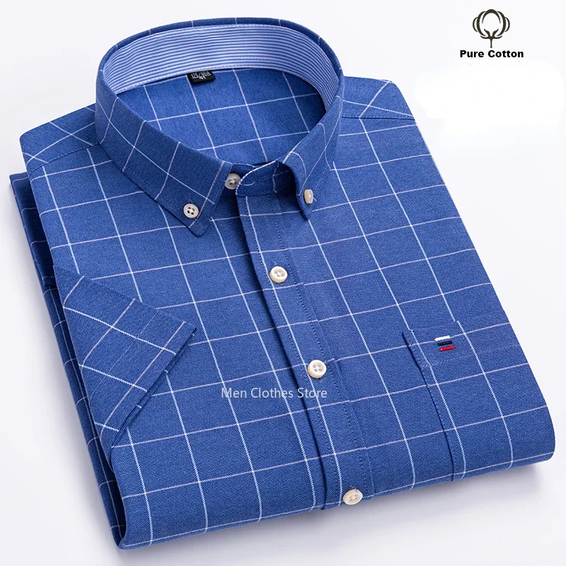 Men\'s Oxford Short Sleeve Square Collar Soild Plaid Striped Summer Casual Shirts Single Pocket Comfortable Cotton Shirt