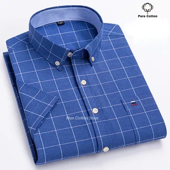Camicie casual estive a righe scozzesi tinta unita con colletto quadrato a maniche corte Oxford da uomo Camicia comoda in cotone con tasca singola