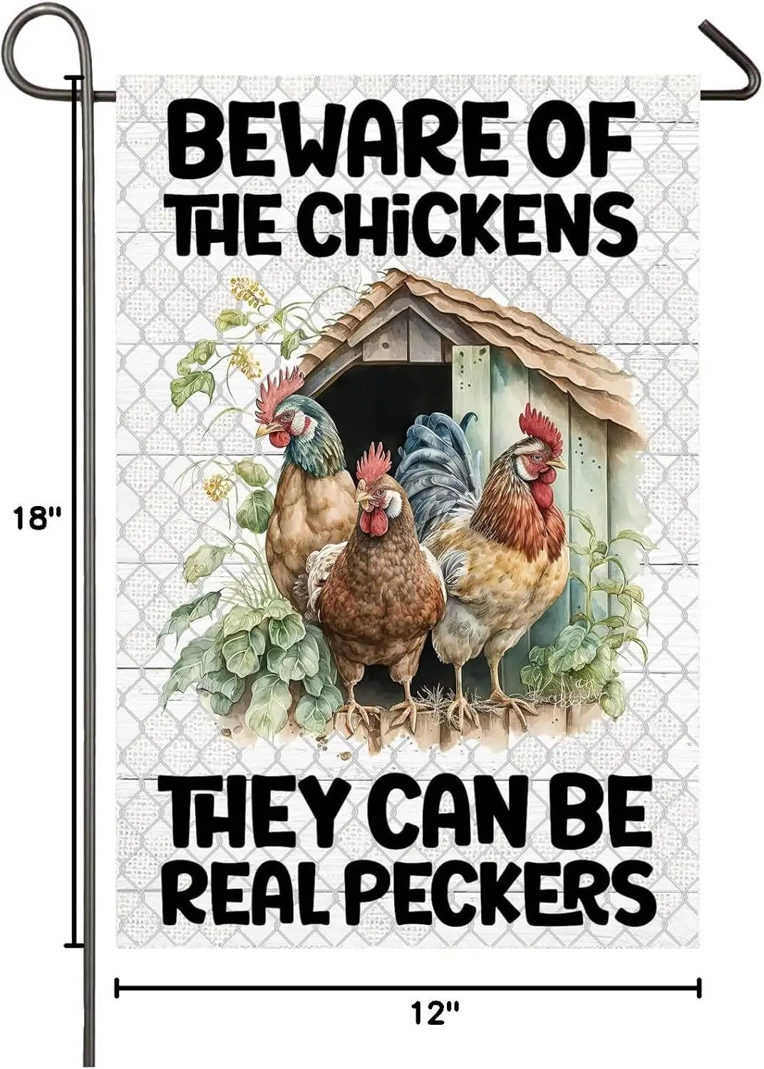 Chicken Garden Flag 12x18 Inch Double Sided Beware of Chickens They can Be Real Peckers Farm Yard Flag Funny Farmhouse Decor SSL