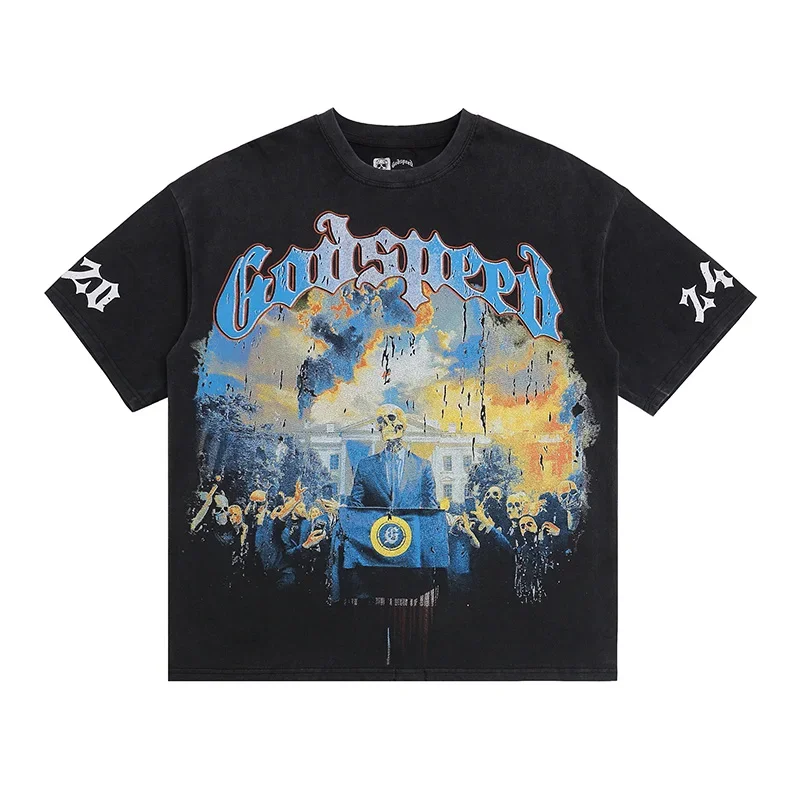 

2025 Retro GOD SPEED Short Sleeve American Style Washed Tee for Men Women Distressed Finish Skull Graphic T Shirts