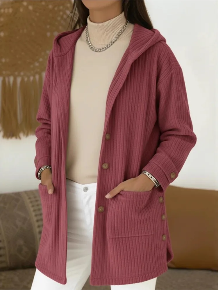 

Вельветовая куртка с капюшоном для женщин, модное однотонное однобортное пальто-кардиган с карманами, женские осенне-зимние теплые пальто