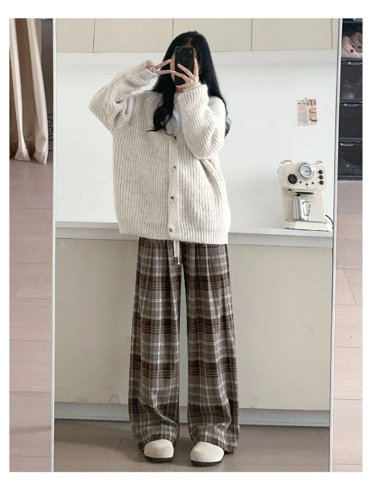سراويل واسعة الساق ذات مربعات كلاسيكية للنساء والطلاب، النسخة الكورية سراويل غير رسمية فضفاضة بأرجل مستقيمة #3