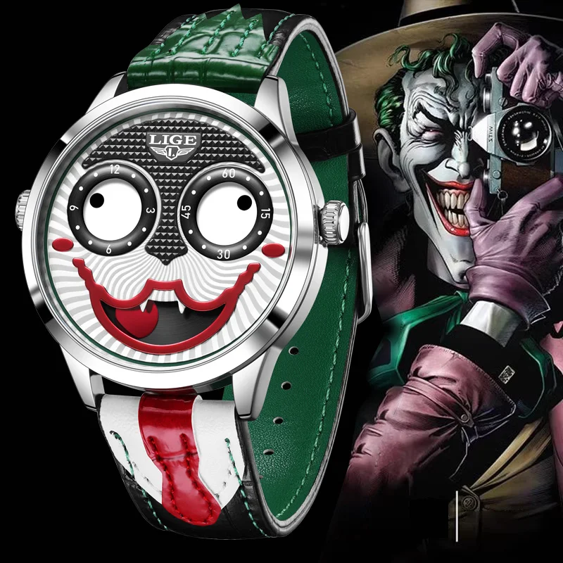 

LIGE креативные часы-джокер, мужские часы-клоун, модный кожаный ремешок, водонепроницаемые кварцевые наручные часы, часы с фазой Луны + коробка