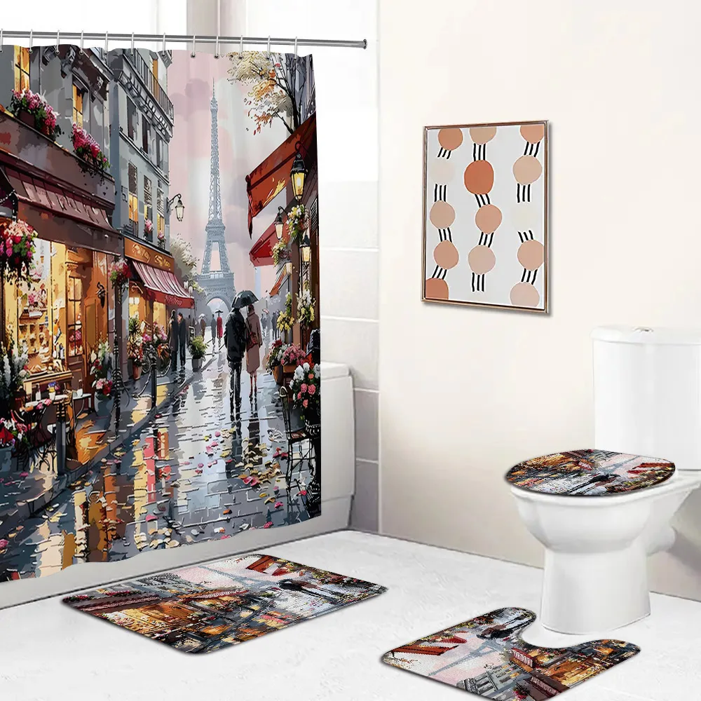 

Eiffel Tower Shower Curtain Set Paris European Cityscape Oil Painting Romantic Bath Decor Bath Mat Home Carpet Toilet Lid Cover