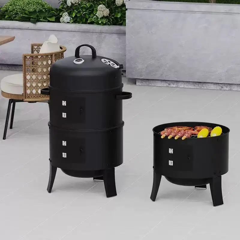 3 in 1 Outdoor BBQ Charcoal Grill  Barbecue  Smoker with Thermometer