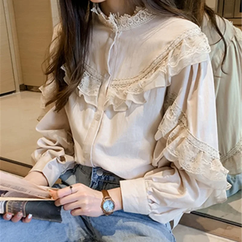 Shirts Frauen Frühling Süße Mädchen Spitze Retro Patchwork Pilz Seite Entwickelt Temperament Elegante Sanfte Koreanische Stil Trendy Täglichen