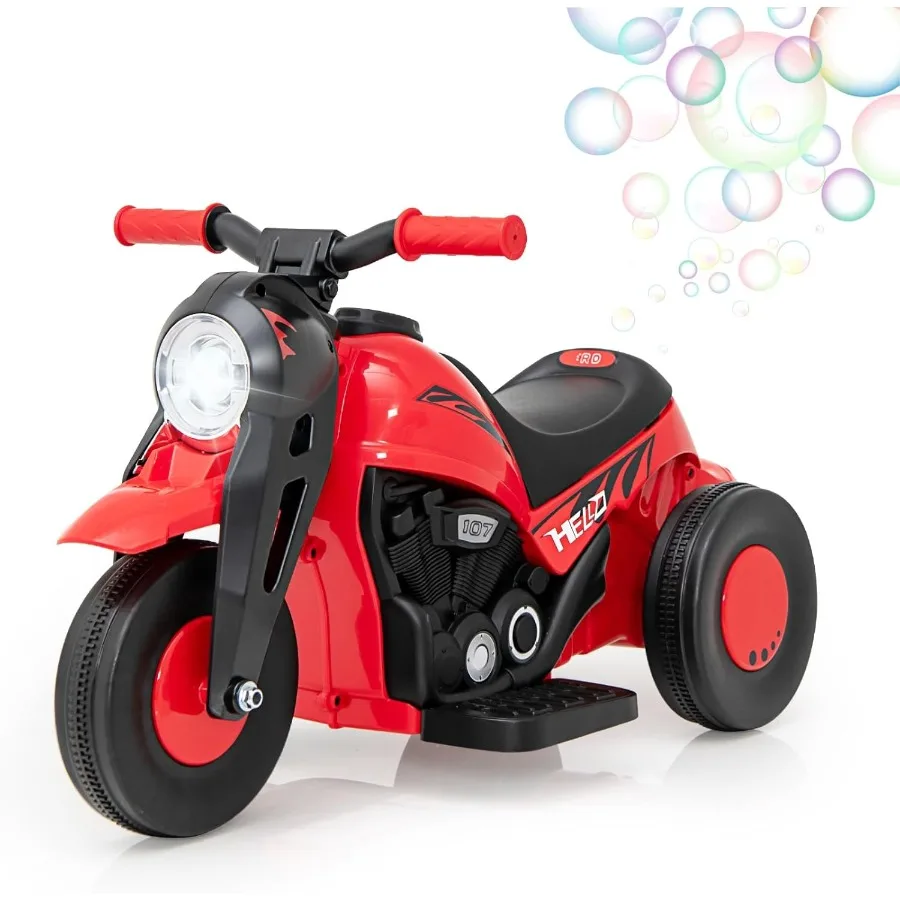 Motorcycle 6V Electric Ride On Car with Automatic Bubble Function Foot Pedal Headlight Music 3 Anti-Skip Wheels Vehicle for Tod