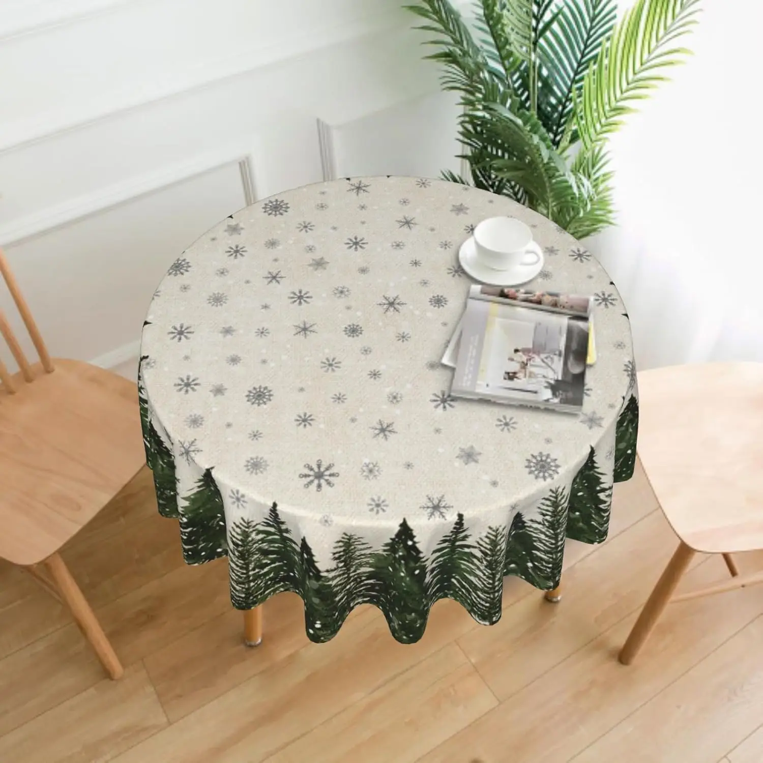Tablecloth 60 Inch Round Trees Holiday Winter Snowflake Table Cloth Water-Resistant Spill-Proof Washable Fabric Table Cover