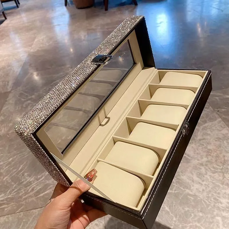 

Luxury Rhinestone 6/10 Slots PU Leather Watch Box Traditional Style Watch Storage Box Display Holder Watch Case With Lock Gifts