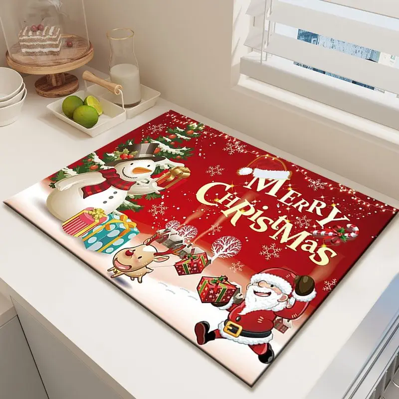 VIKAMA Tapete para Escorredor de Louça com Papai Noel e Boneco de Neve, Tapete Absorvente de Secagem Rápida para o Natal, Decoração para Bancada de Cozinha