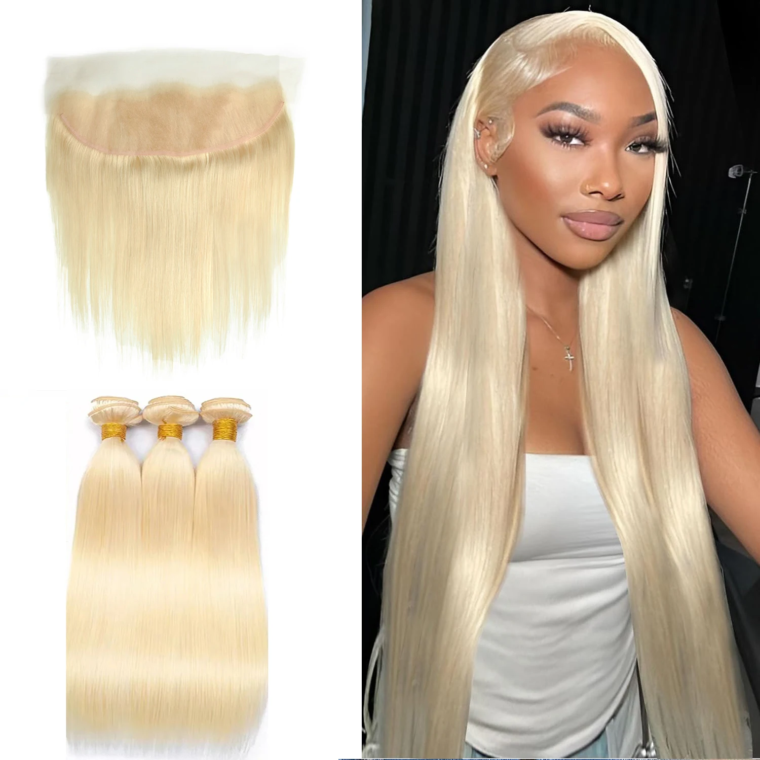 613 Straight Bundles with Frontal Closure 13×4 Ear to Ear Lace Frontal with 3 Bundles 100% Blonde Brazilian Virgin Human Hair