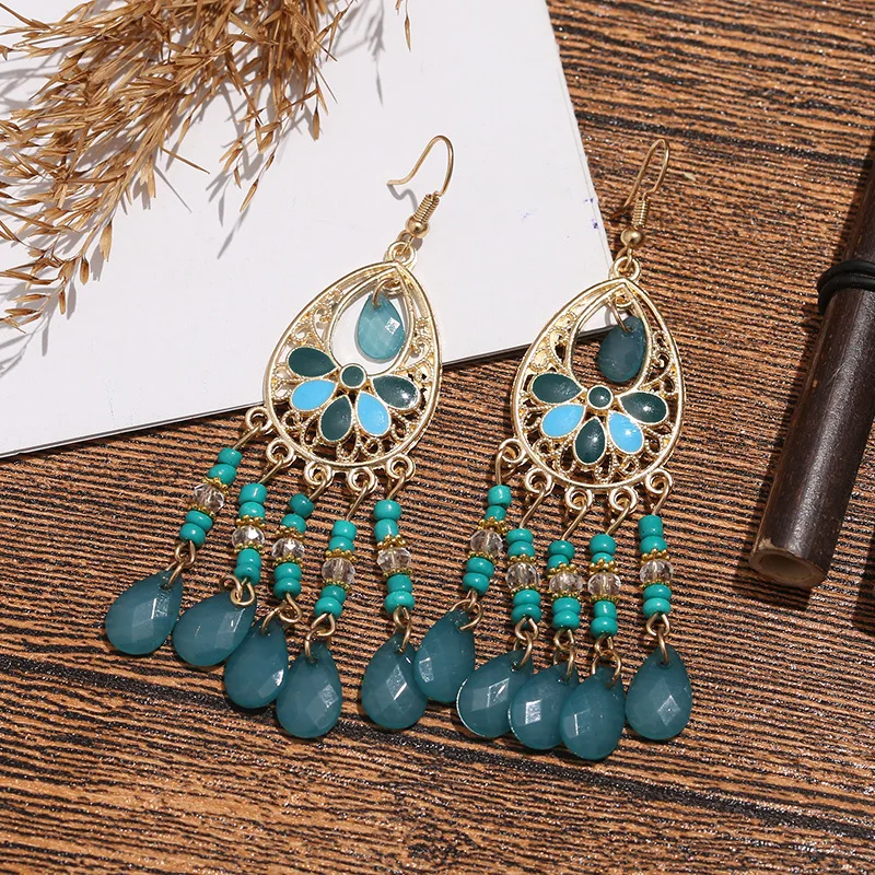 Vintage ethnische lange Tropfen Öl Blume Perlen Quaste Ohrringe für Frauen Boho Gold Farbe hohle Acryl Wasser Tropfen baumeln Ohrringe – Detail 4