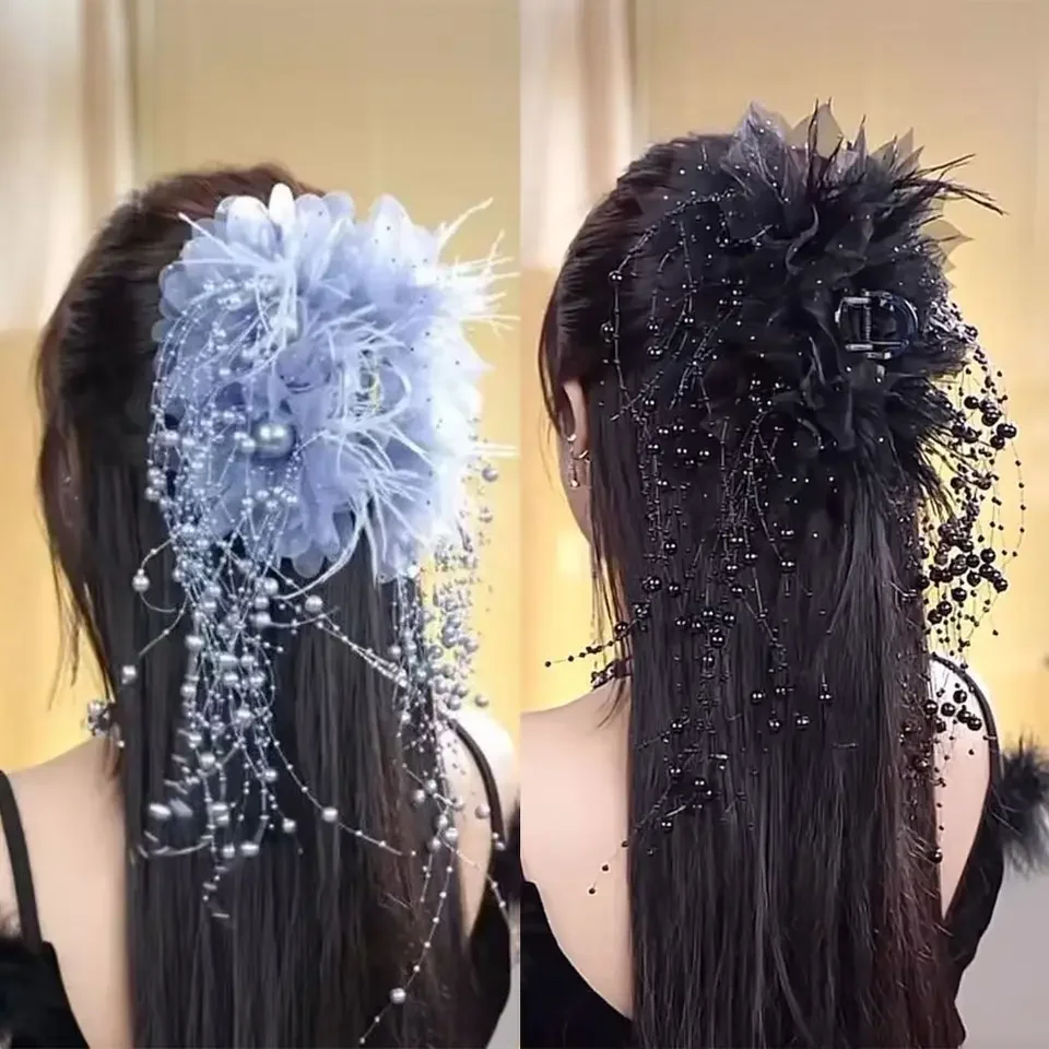 

Fashion Cloth Grasping Clip Flower Pearls Four Flowers Hair Accessories Tassel Shark Clip for Girl