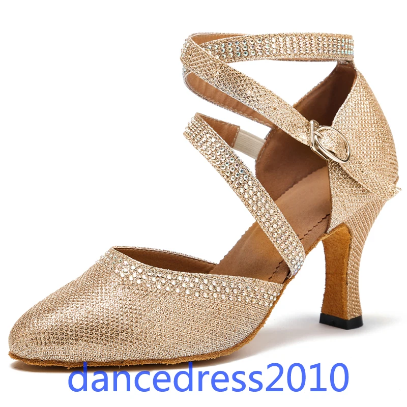 Professional Latin Modern Dance Shoes with Diamonds Women Party Ballroom Tango Rumba Salsa Dancing Heeled Shoe Suede Sole Heels