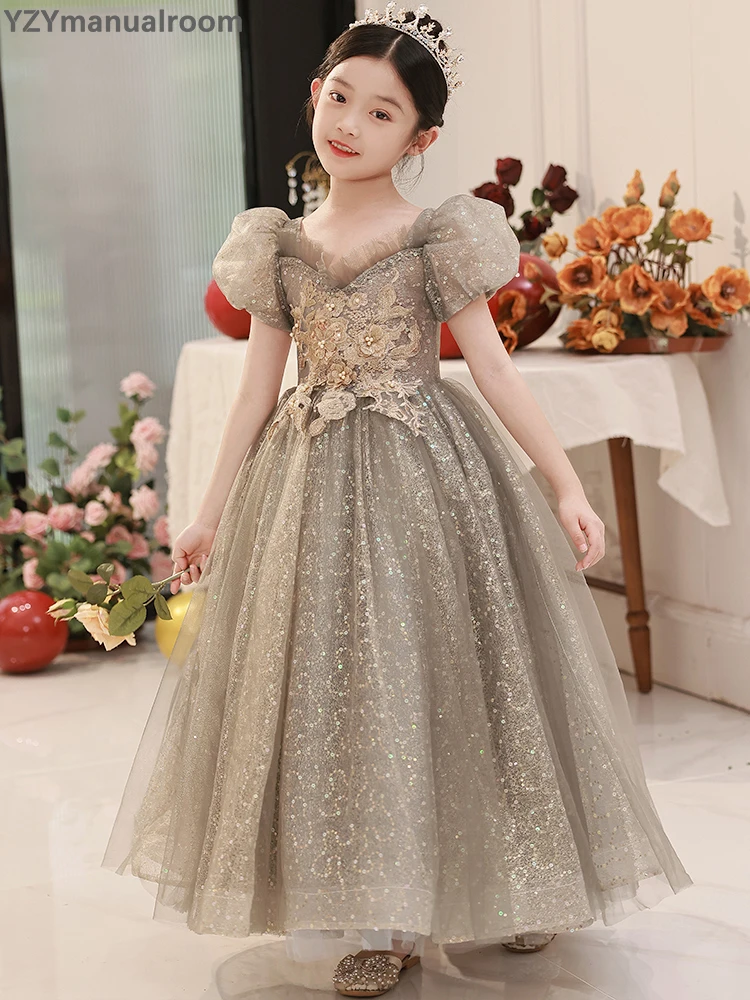 Girls' dresses, piano performances, flower children's little girls, light luxury, high-end fluffy gauze princess dresses