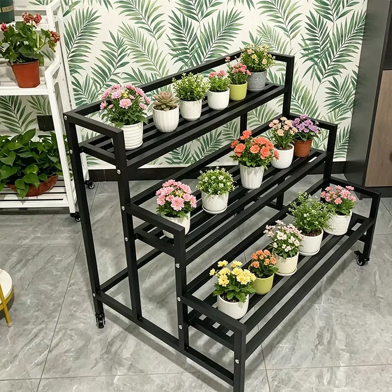 LH3 movable flower stand multi-layer with wheels dill stepped storage wrought iron flower stand