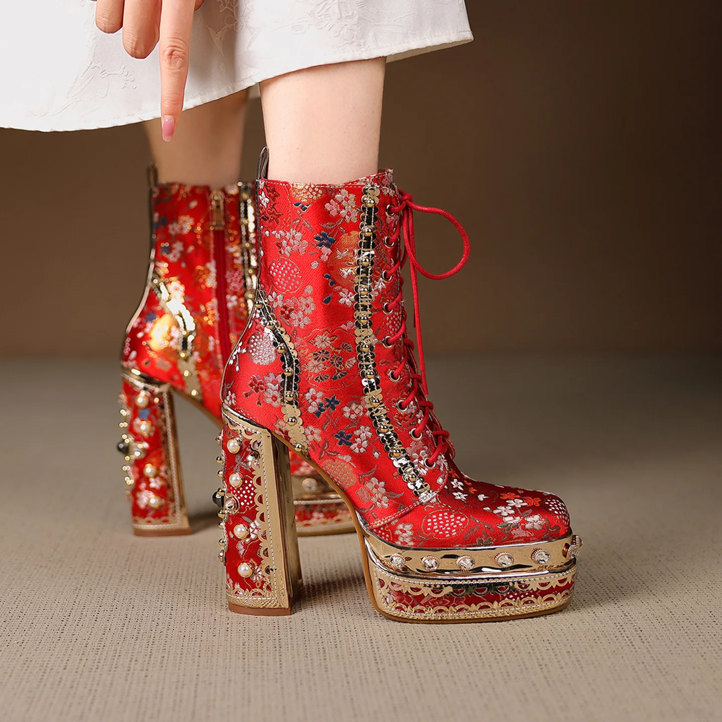 Women's Light Blue Floral Printed Platform Ankle Boots Retro Lace Up Chunky High Heel Shoe Embellished Rhinestones Party Booties