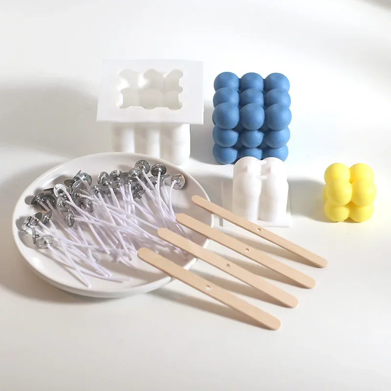 Moule à Bougie en Silicone à Bulles Carrées 3D, Antiadhésif, pour Dessert de Cuisine, Gâteau d'Escalade, Sûr au Four, avec Mèche et Support